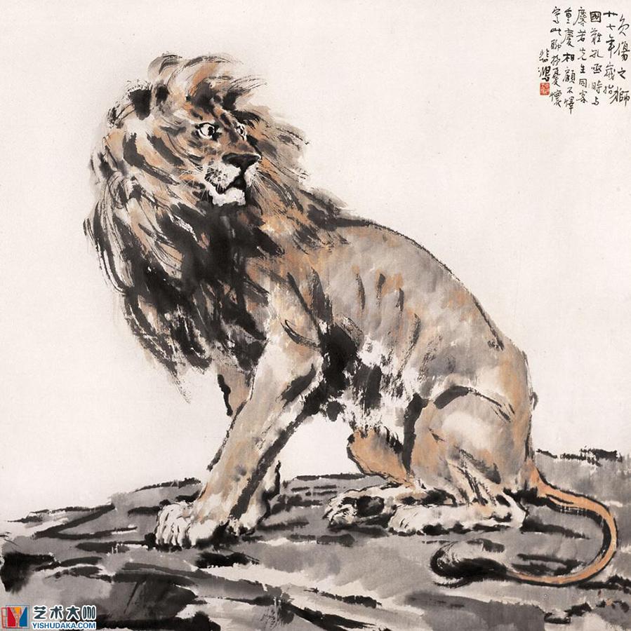 负伤之狮_受伤的狮子中国画作品