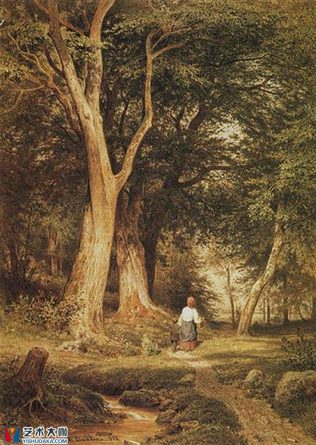 a woman with a boy in the forest-oil painting