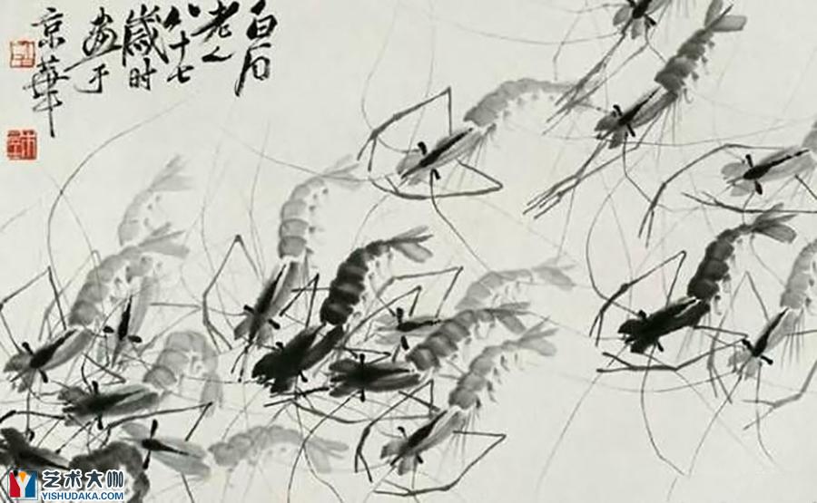 齐白石虾图,画中十六只虾形态各异,栩栩如生