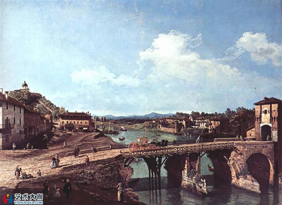 view of an old bridge over the river po turin-oil painting