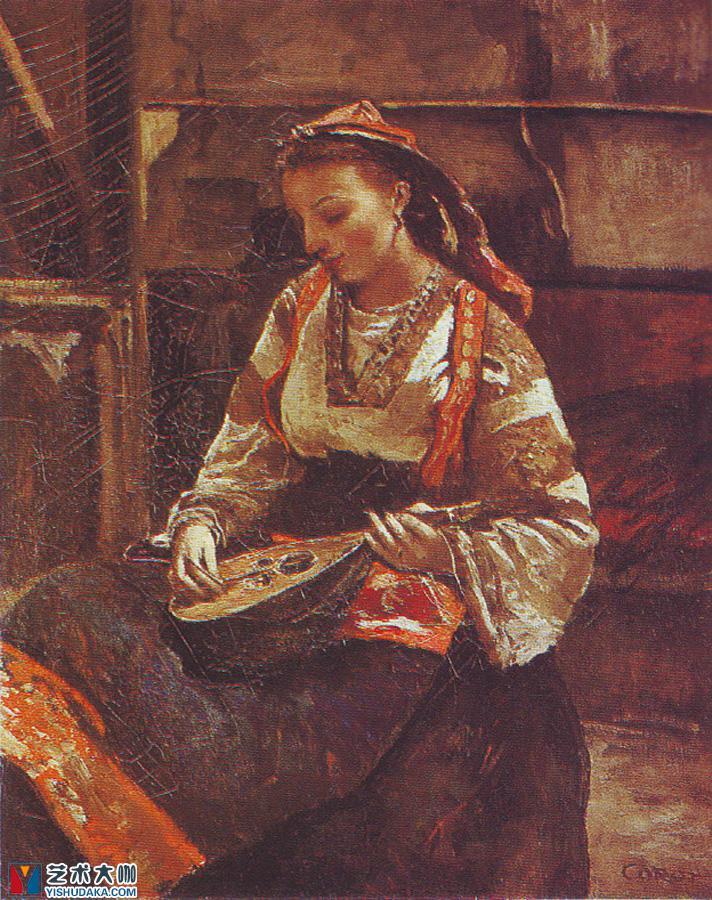 Italian woman playing mandolin-oil painting