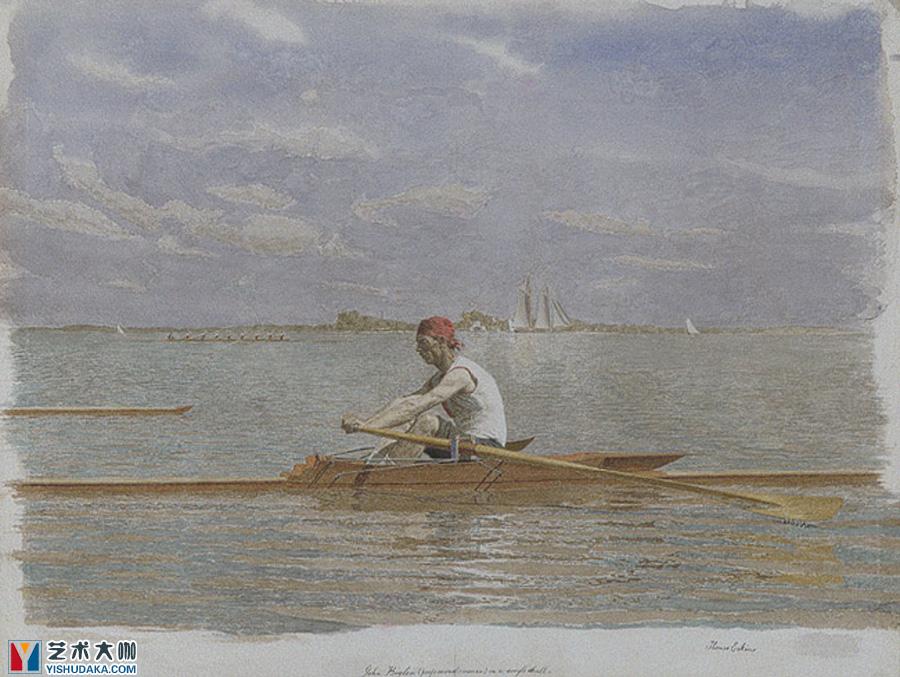 John Biglin in a Single Scull-Watercolor on paper-watercolor painting