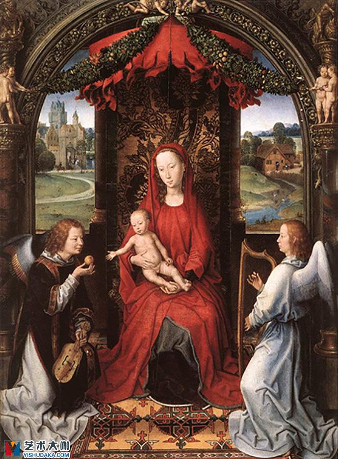 麦当娜与孩子和两个天使登基油画作品