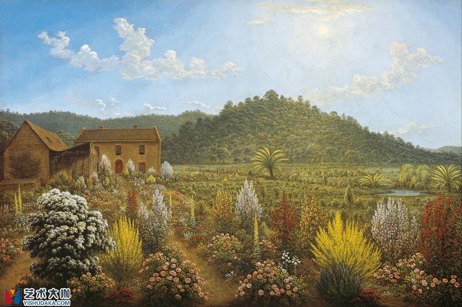 a view of the artist s house and garden in mills plains van diemen s -oil painting