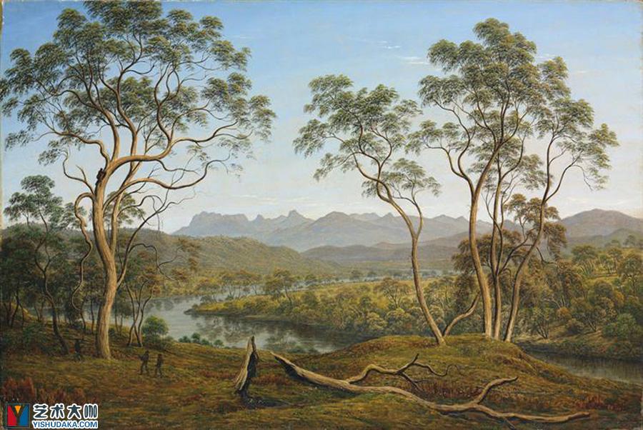 ben lomond from mr talbot s property four men catching opposums-oil painting