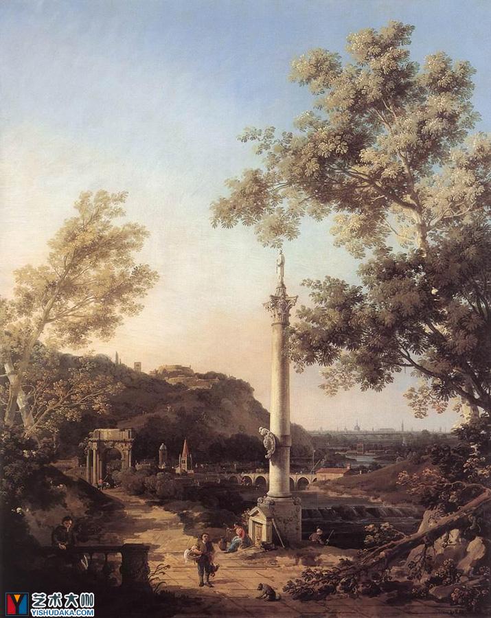 River Landscape with a Column-oil painting