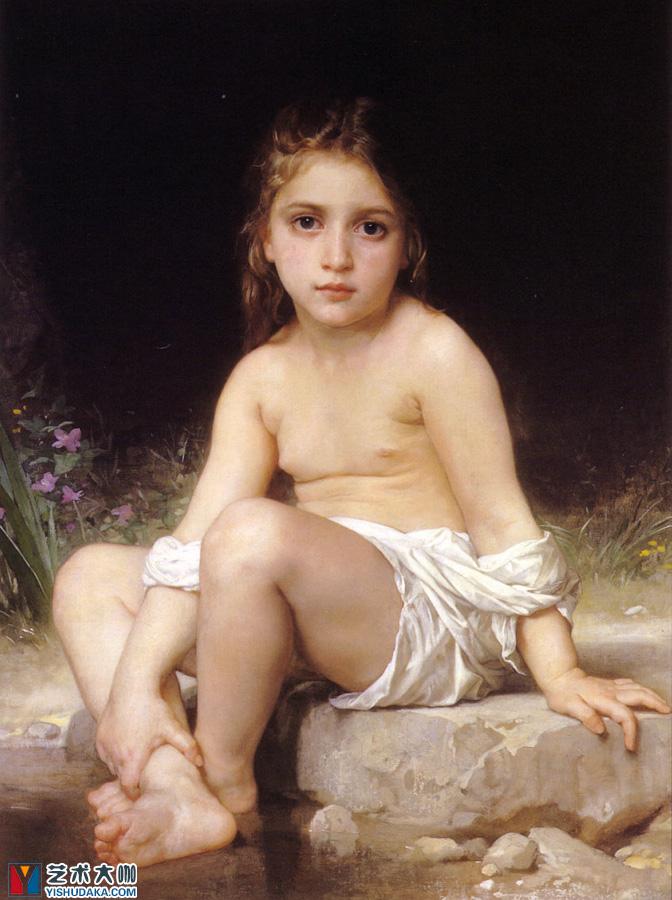 Little girl sitting by the water-oil painting