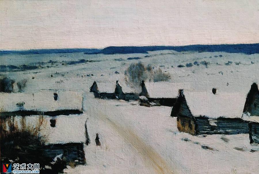 winter,Winter in a small village-oil painting