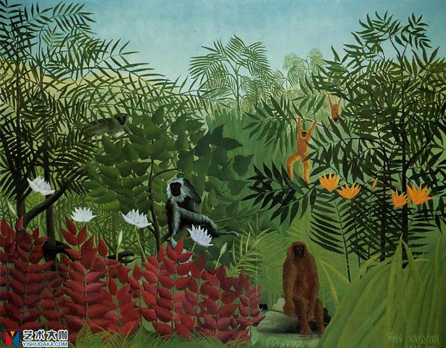tropical forest with apes and snake-oil painting