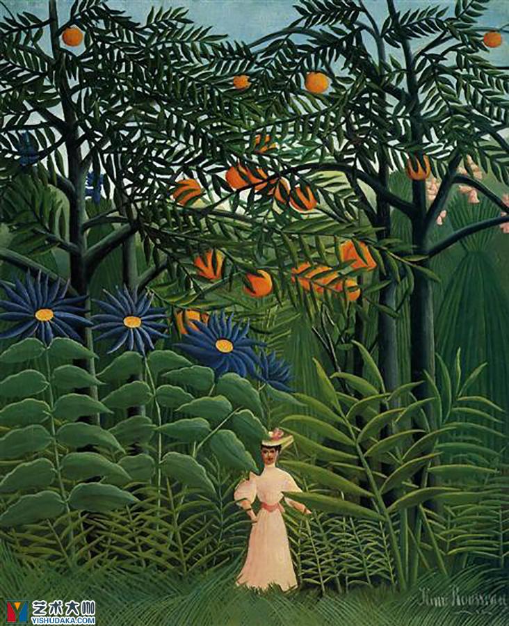 woman walking in an exotic forest-oil painting