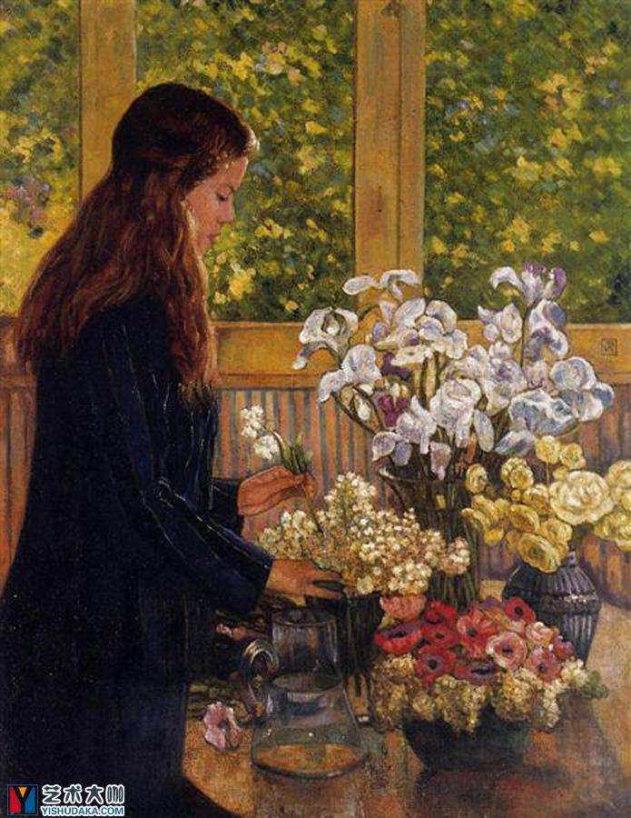 Young Girl with a Vase of Flowers-Post-Impressionism-oil painting