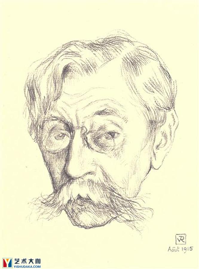 比利时诗人埃米尔・维尔哈伦头部素描作品