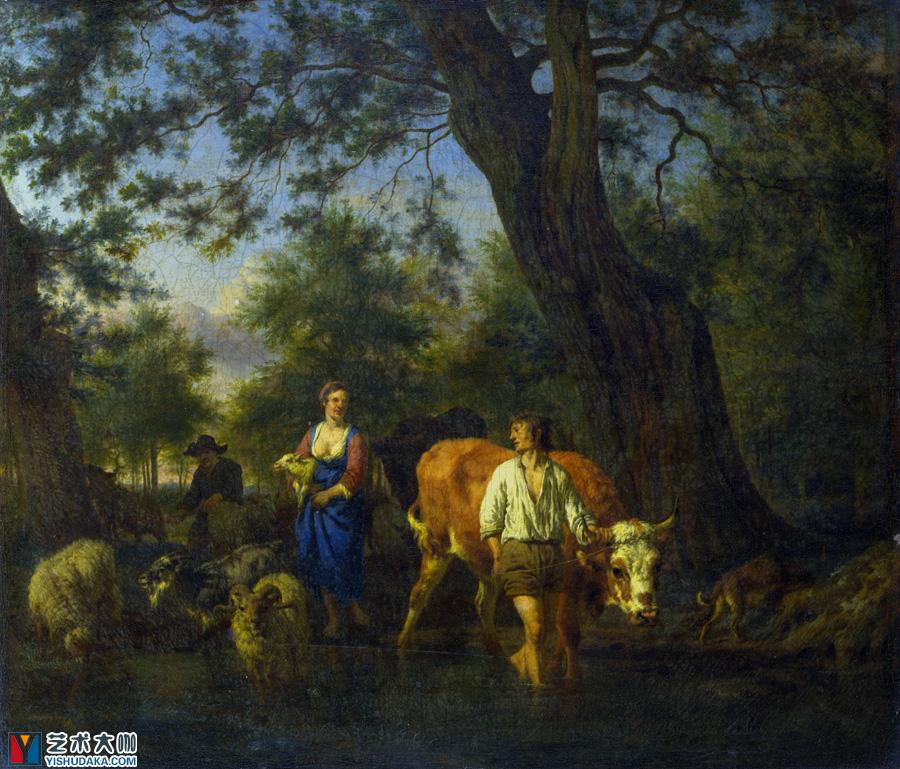 Peasants with Cattle fording a Stream -oil painting