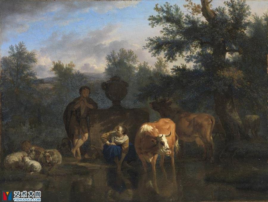 Landschaft mit Vieh und Hirten-oil painting