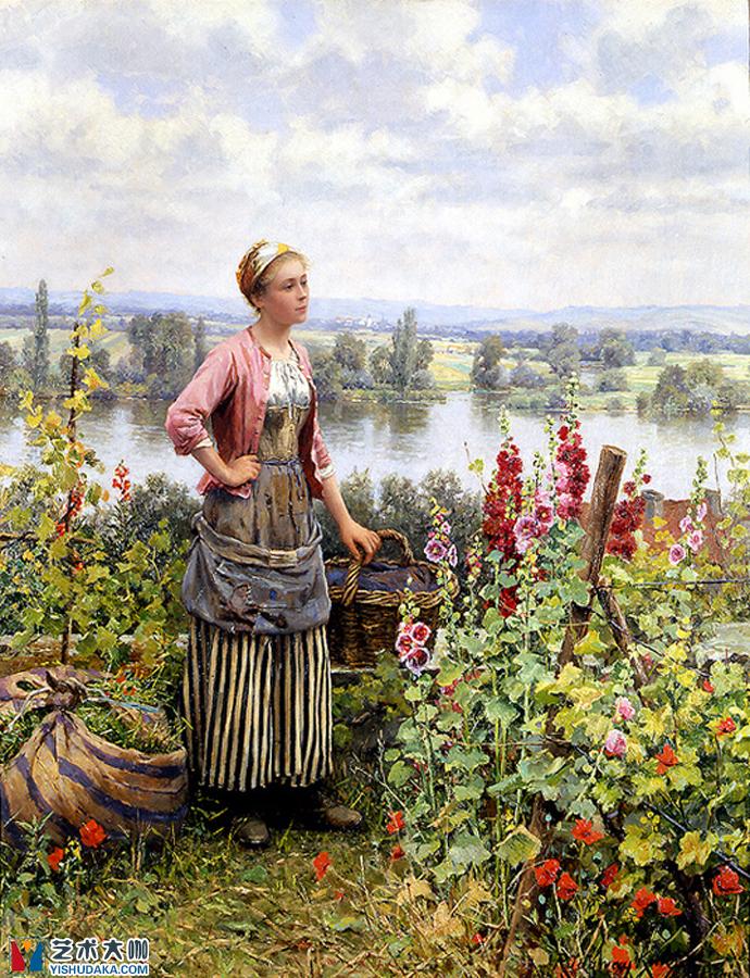 maria on the terrace with a bundle of grass-oil painting
