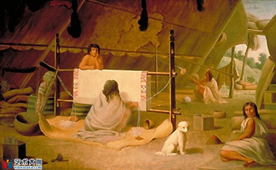 Clallum Women weaving up an blanket-oil painting