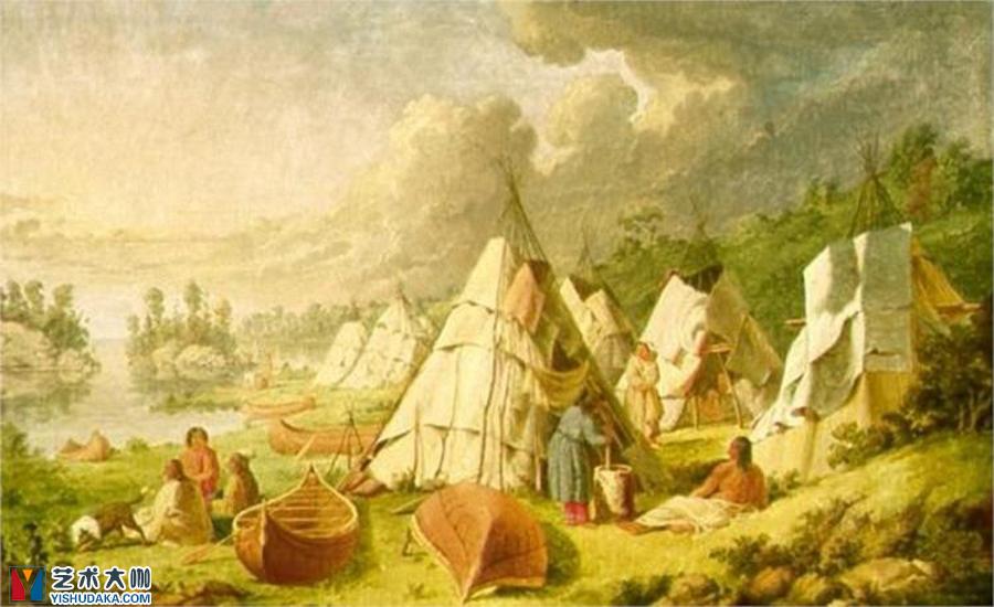 Indian encampment on Lake Huron-oil painting