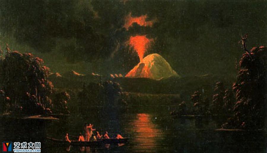 圣海伦斯火山在夜间喷发油画作品