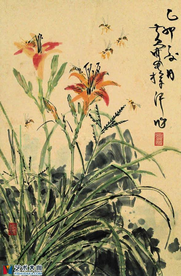 Flowers bees-chinese painting