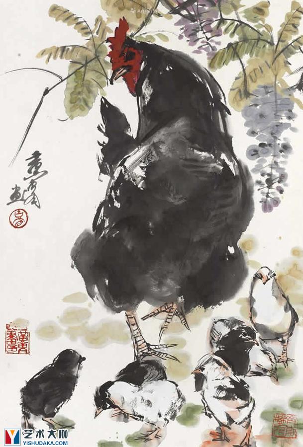 Flower Yin group of chickens-chinese painting