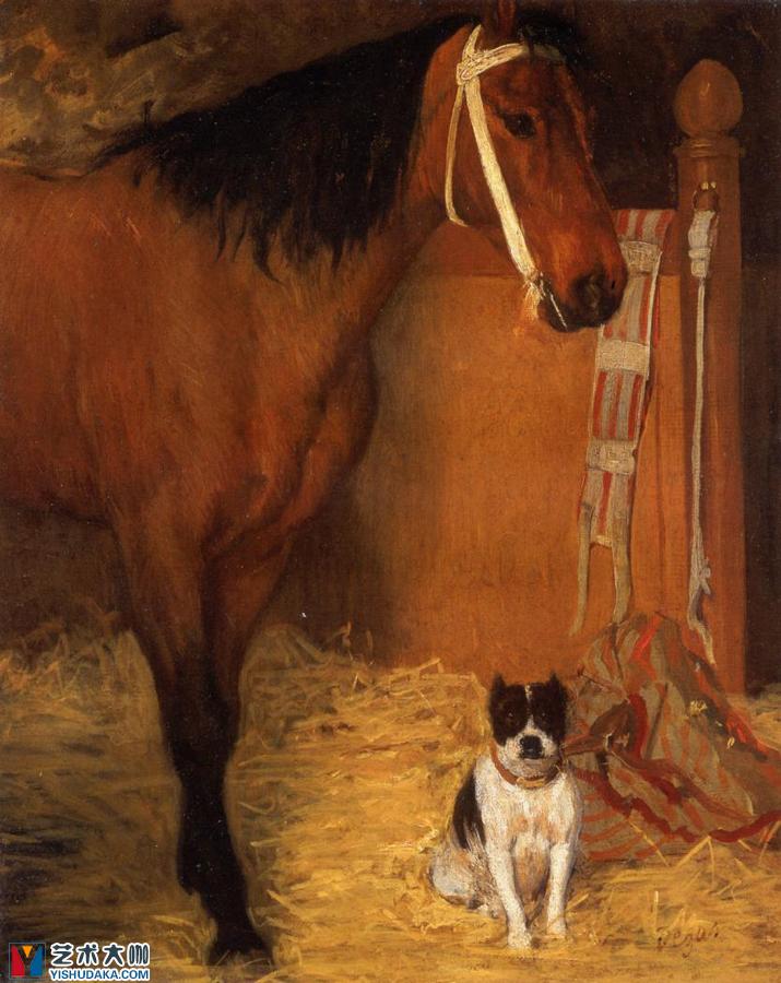 at the stables horse and dog-oil painting