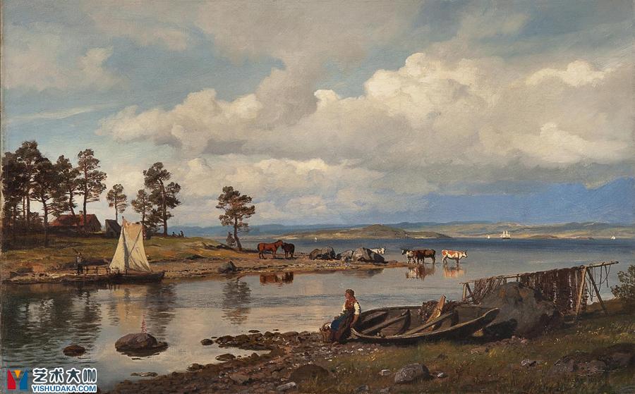 fjord landscape with folk life-oil painting