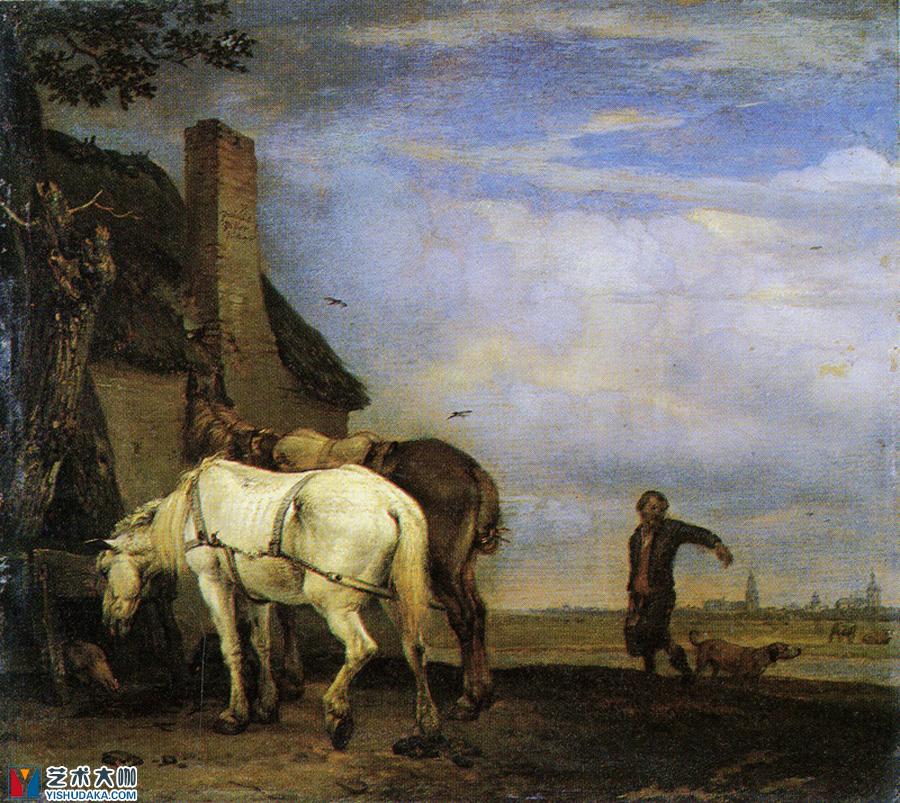 Horses tethered at a Cottage Door-oil painting