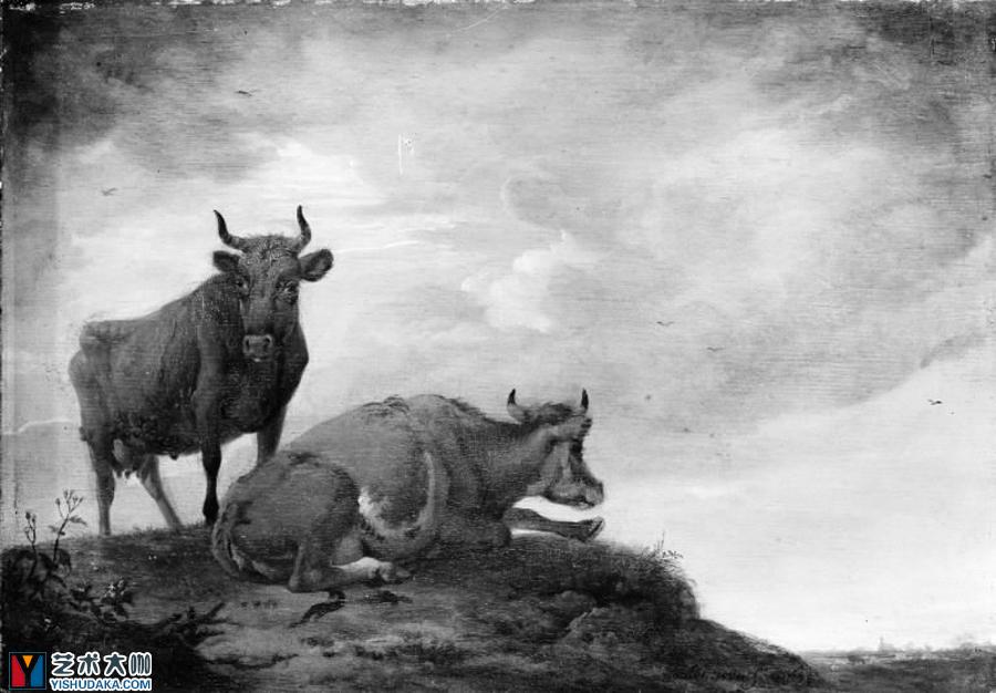 Two Cows on a Hill-oil painting