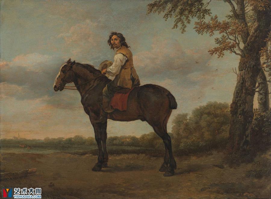 骑着棕色马的骑手油画作品