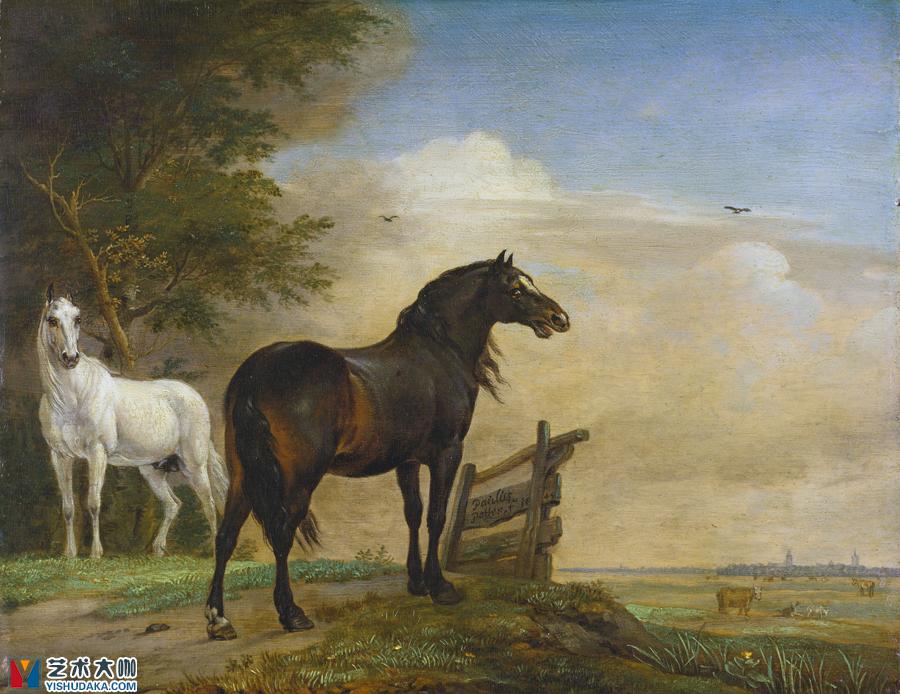 草地大门附近的两匹马油画作品