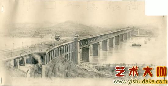 Zhou lingzhao, the third set of pencil sketch of wuhan Yangtze river bridge