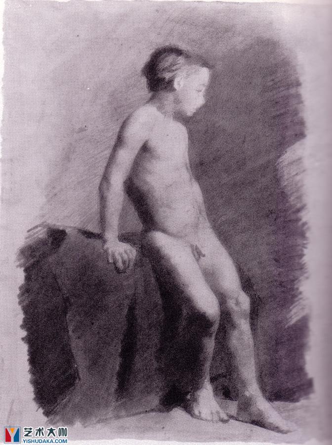 裸体男孩-素描纸上炭画素描作品