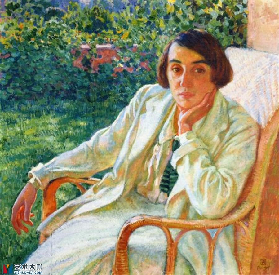 Elizabeth van Rysselberghe in a Cane Chair-Post-Impressionism-oil painting