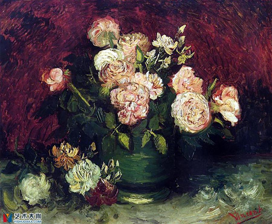花瓶里的牡丹和玫瑰油画经典作品欣赏_梵高、凡高-艺术大咖