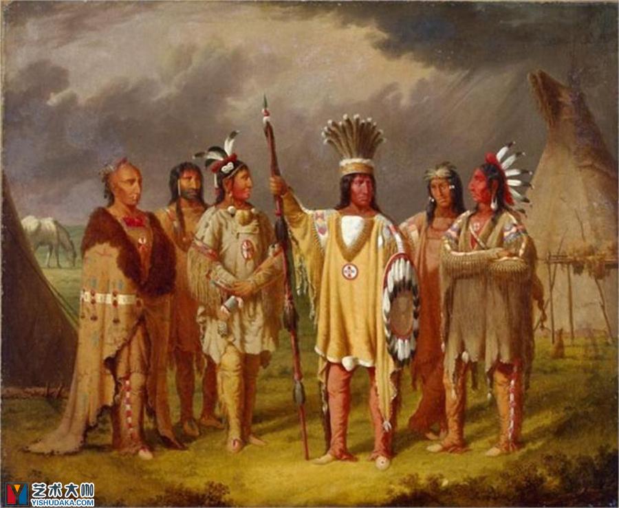 大蛇，黑脚印第安人的首领，向五个下属首领讲述他的战争功绩